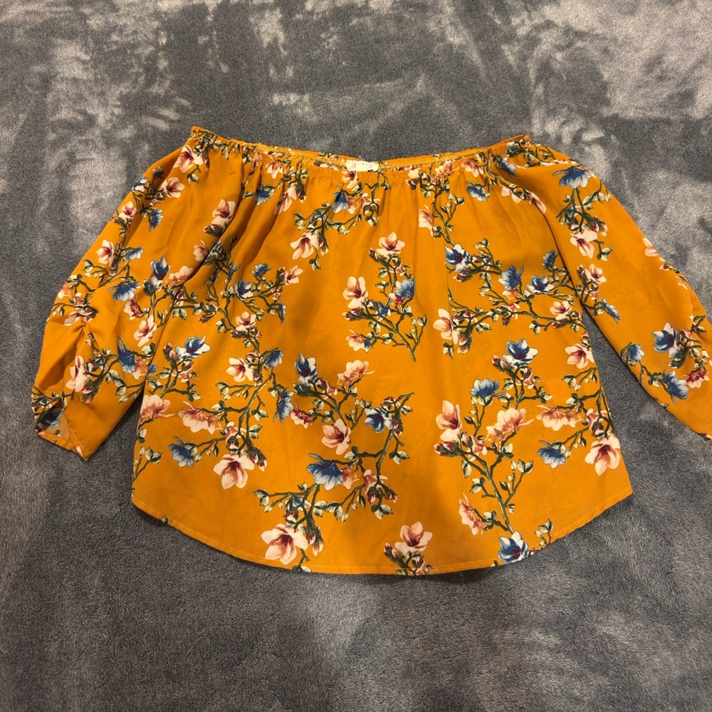 a'gaci Mustard Floral Off-Shoulder Blouse